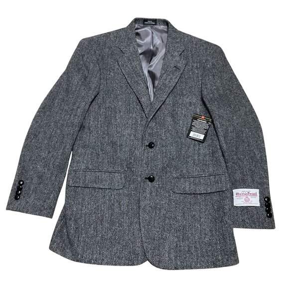 NWT Harris Tweed Sport Coat Sz 40R Blk/Gry Herringbone Hand Woven Outer Scotland